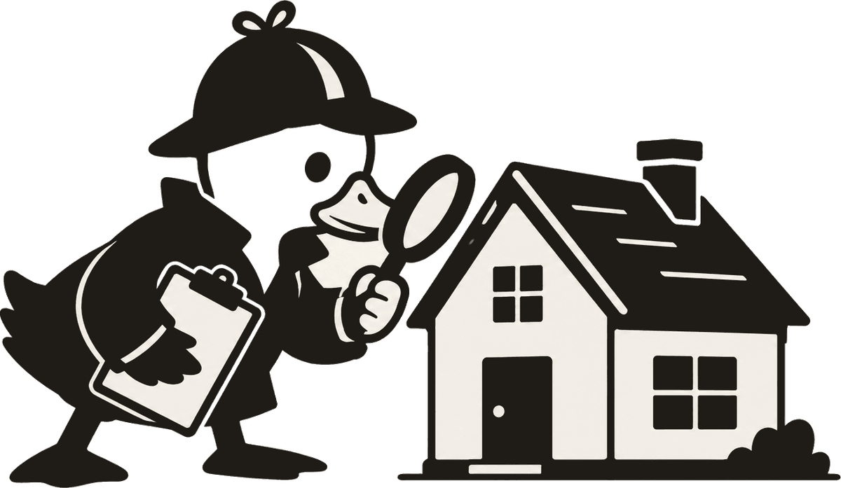 A duck in a detective's hat inspecting a house with a magnifying glass, holding a clipboard