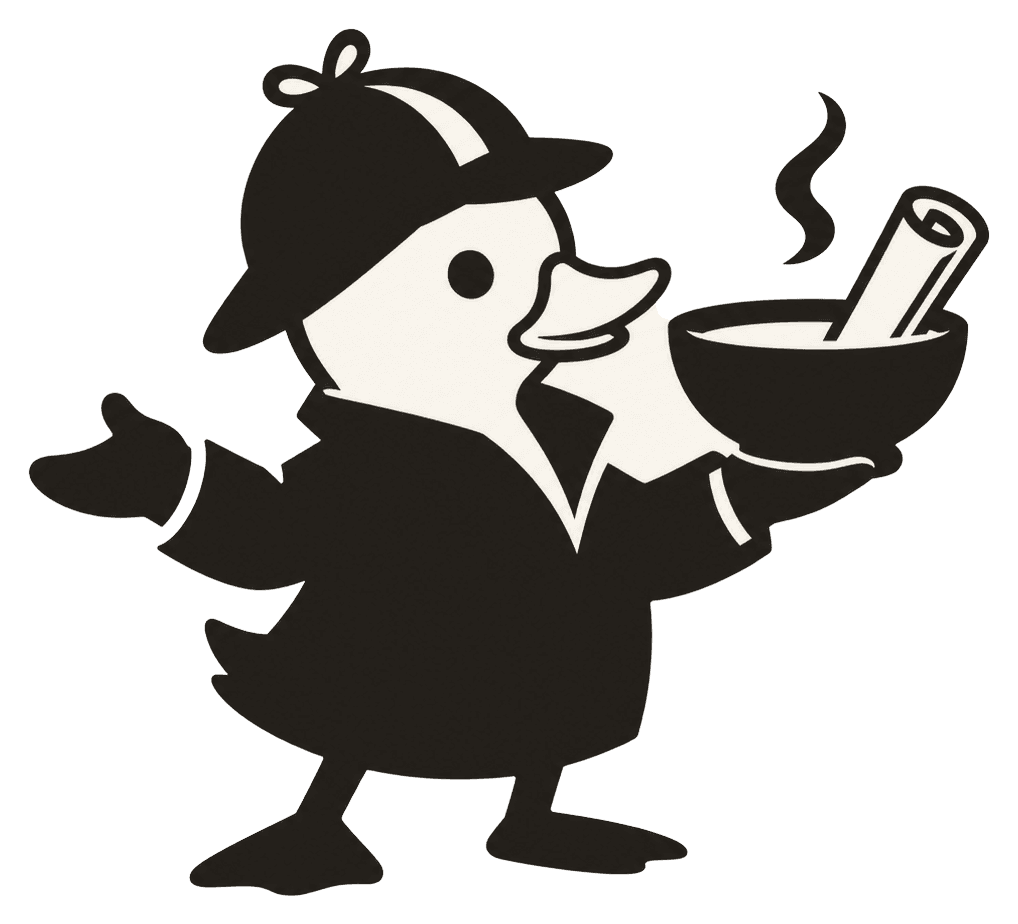 The ducksoup duck proudly presenting a steaming bowl of soup