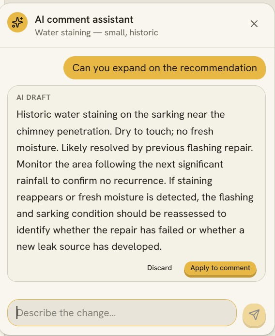 The AI comment assistant in ducksoup: asked to expand on a recommendation, it returns a redrafted comment with an Apply button
